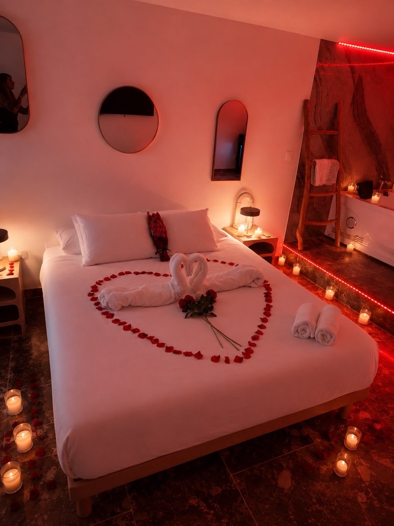 Décoration romantique du lit avec pétales et bougies