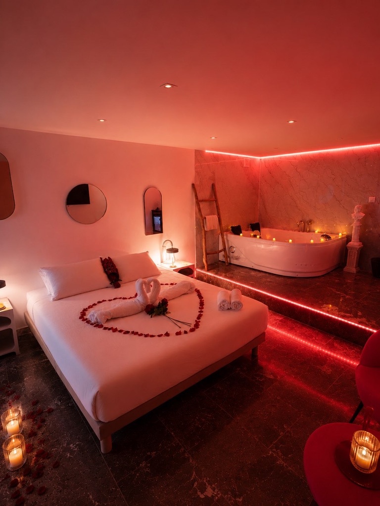 Vue du lit et du jacuzzi de la suite Dolce Notte