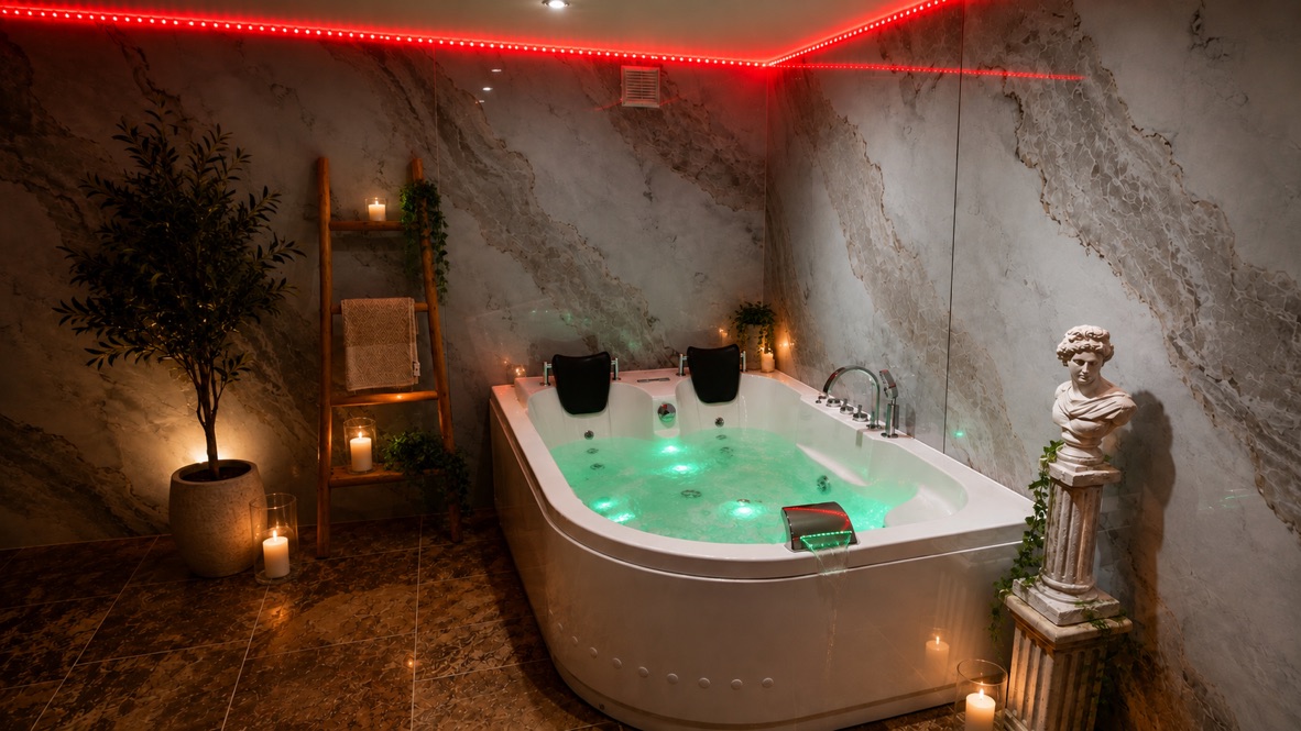 Jacuzzi privatif éclairé de la suite Dolce Notte
